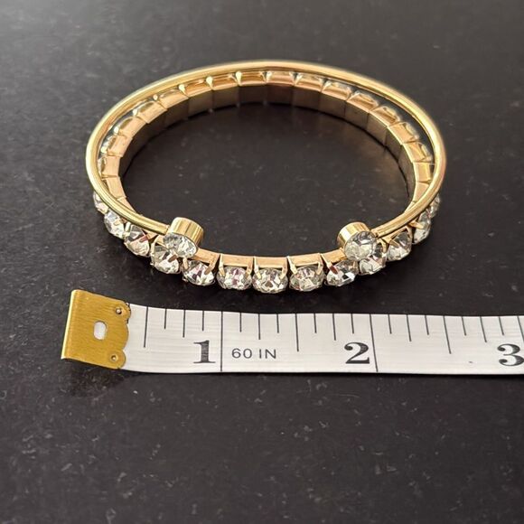 Set of 4 Gold Tone Bracelets with Rhinestones – Cuff, Tennis, Chain, Stretch - Picture 9 of 10